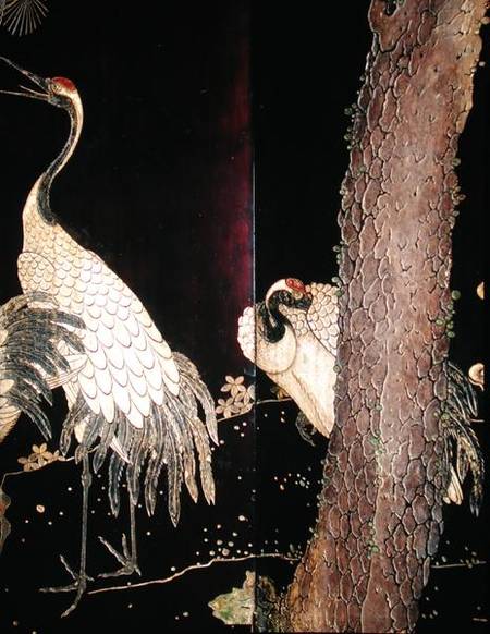 Detail of two cranes from a Coromandel screen von Chinese School