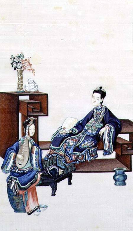 Lady Reclining with a Servant Playing a Musical Instrument von Chinese School
