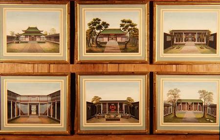 Set of Six Chinese Pavilions and Courtyard Scenes von Chinese School