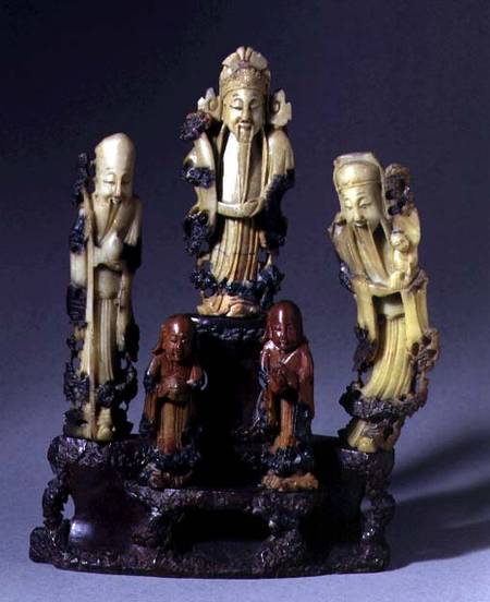 Three Star God, one holding a child, with two smaller figures, Qing dynasty von Chinese School