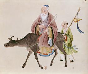 Lao-Tzu (c.604-531) on his buffalo, followed by a disciple  on 18th centu