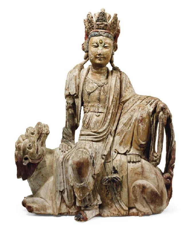Chinesische Holzfigur von Manjusri, Bodhisattwa der Weisheit, Yuan/Ming Dynastie (1279-1644), auf ei von Chinesisch