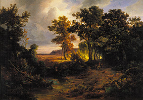 Waldlichtung mit Jäger und Blick auf Starnberg von Christian E.B. Morgenstern