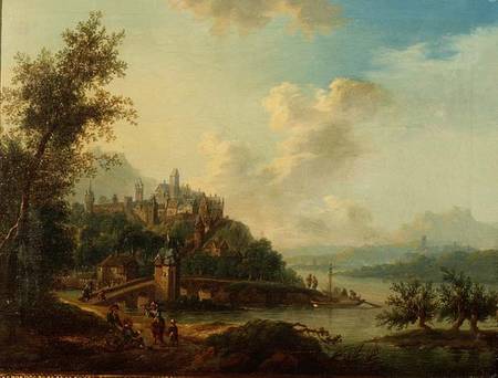 A Rhineland View with a Bridge and Figures in the foreground and a Fortified Town on a Hill beyond von Christian Georg II Schutz or Schuz