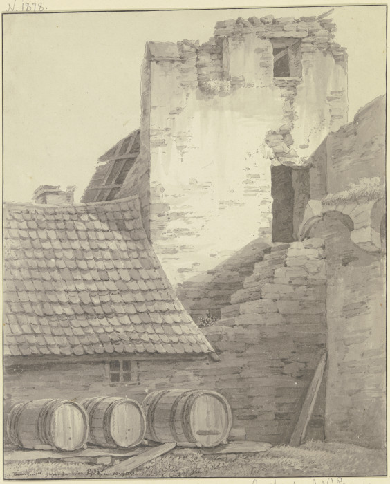 Haus an einer Stadtmauer mit Turm und Treppe, im Vordergrund drei liegende Fässer von Christian Georg Schutz