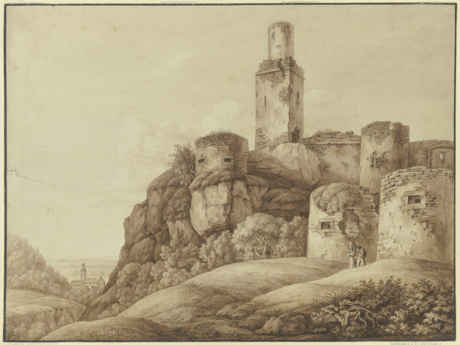 Ruine einer Bergfeste mit Türmen (Die Ruine Falkenstein im Taunus) von Christian Georg Schutz