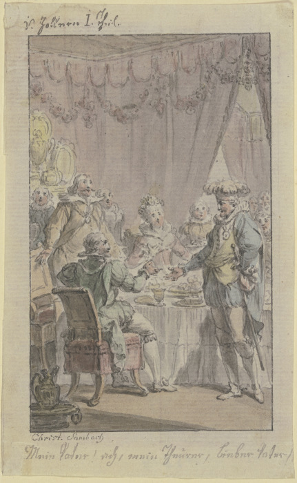 Tafelszene: Ein Ritter tritt an den gedeckten Tisch heran und begrüßt einen sitzenden Ritter von Christian Sambach