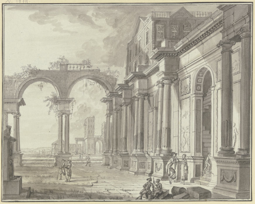 Antiker Palast, links durch zwei Bögen Ausblick auf Architektur in der Ferne, im Vordergrund drei Gr von Christian Stocklin