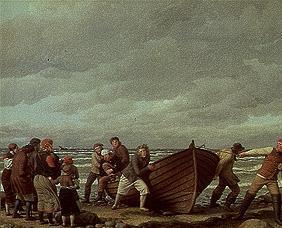 Fischer aus Hornbaek bringen ihr Boot an Land.