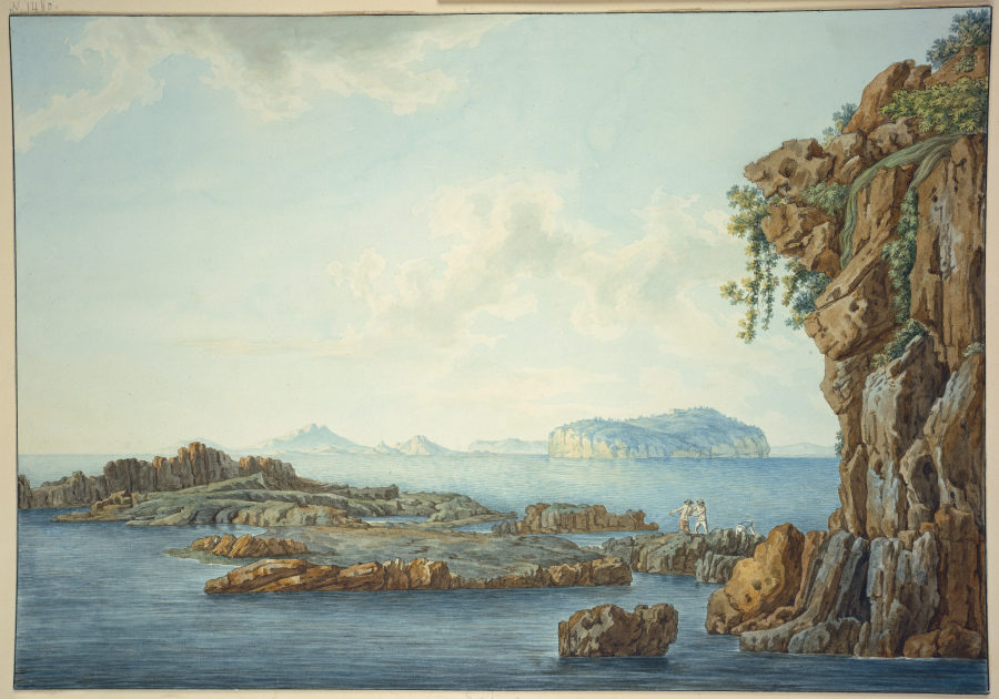 Sizilien, Felsufer am Meer, im Vordergrund drei Fischer, im Hintergrund Inseln von Christoph Heinrich Kniep