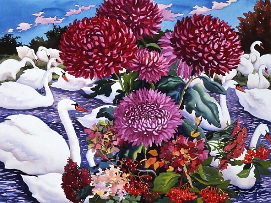 Swans and Chrysanthemums von Christopher  Ryland