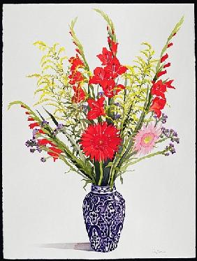 Tiger Lilies, Gladioli and Scabious in a Blue Moroccan Vase (w/c) 