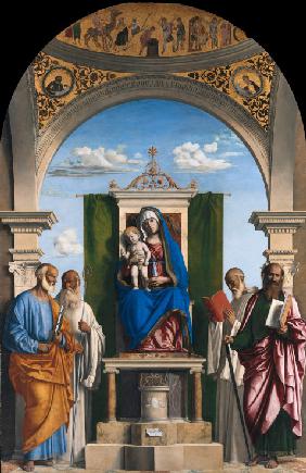 Thronende Madonna mit Kind und Heiligen Peter, Romuald, Benedikt und Paul