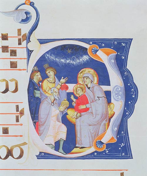 Ms 561 f.37r Historiated initial 'O' depicting the Adoration of the Magi, from a gradual from the Mo von giovanni Cimabue