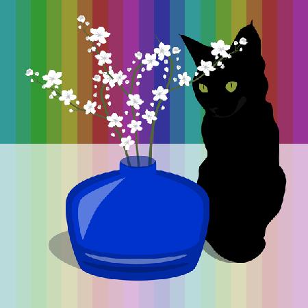Blue Glass Vase with blossom and black cat 2017