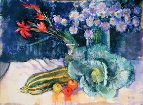Still Life with Fruit and Flowers (mixed media) 