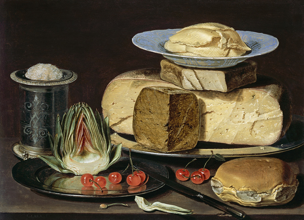 Stillleben mit Käse, Artischocke und Kirschen von Clara Peeters
