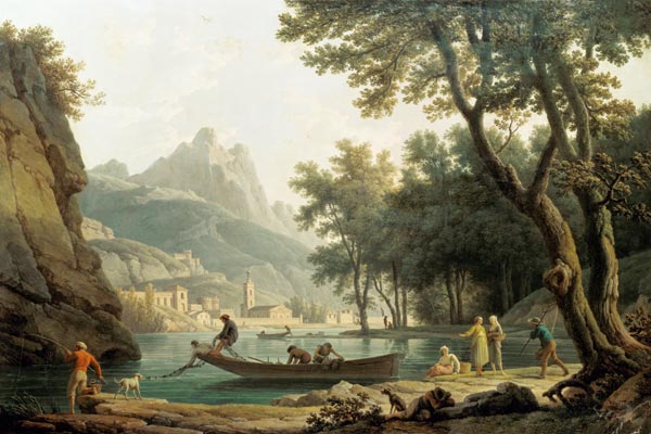 Fischer am Seeufer vor einem Kloster von Claude Joseph Vernet