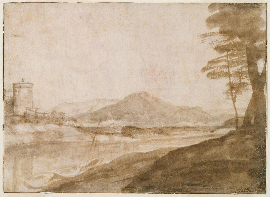 Ansicht des Tiber mit einem Turm am gegenüberliegenden Ufer von Claude Lorrain