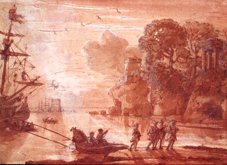 The Disembarkation of Warriors in a Port, possibly Aeneas in Latium von Claude Lorrain