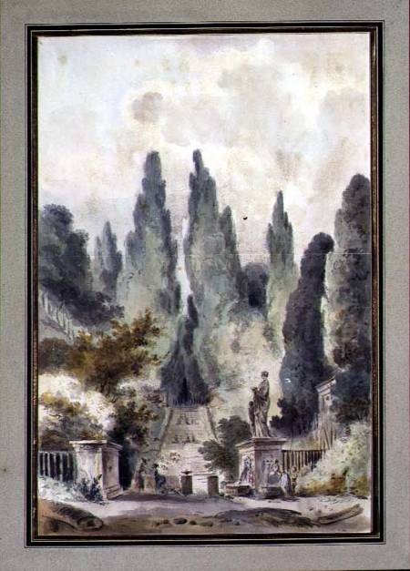 The Gardens of the Villa d'Este at Tivoli (w/c over black chalk on paper) von Claude Louis Chatelet