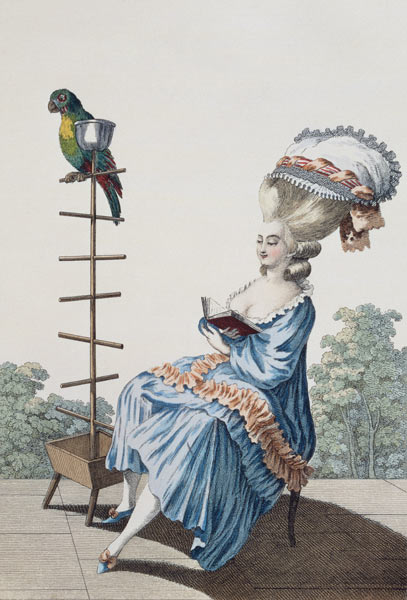 Young woman reading in a day dress with an elaborate hairstyle and bonnet, plate 20 from 'Galerie de von Claude Louis Desrais