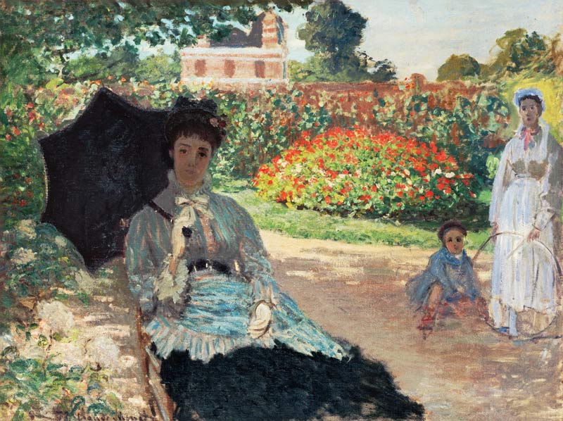 Camille Monet mit Sohn und Kindermädchen im Garten von Claude Monet