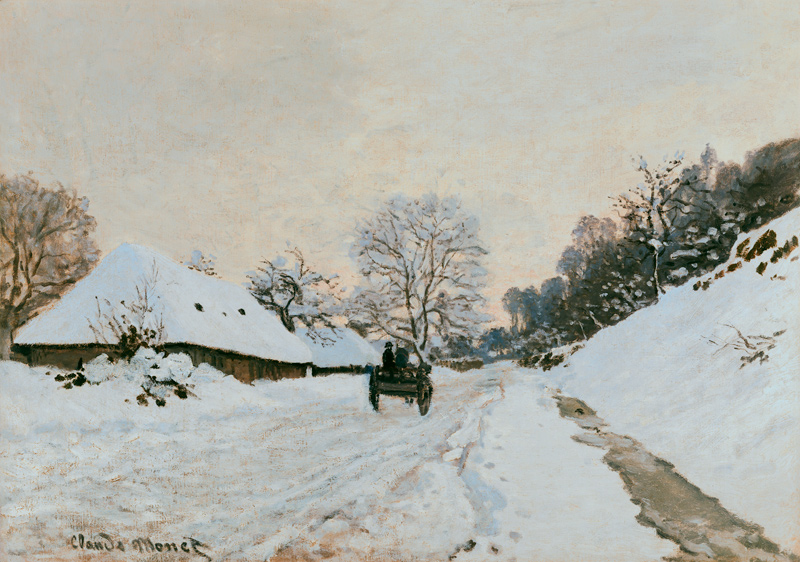 Wagen auf verschneiter Strasse in Honfleur von Claude Monet