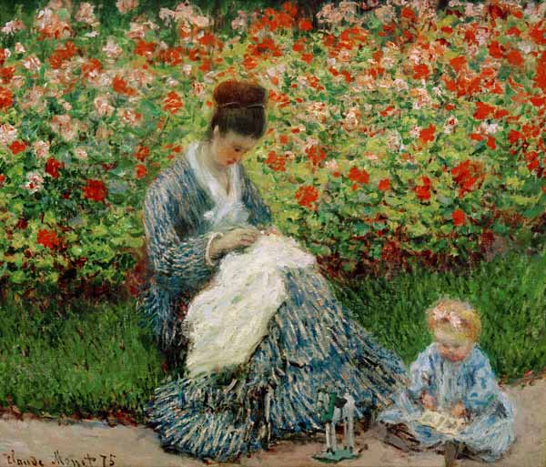 Camille Monet et un enfant au jardin von Claude Monet
