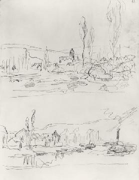 Two Sketches: Vetheuil from L'Ile St-Martin and Tugboat on the Seine before Lavacourt before 188
