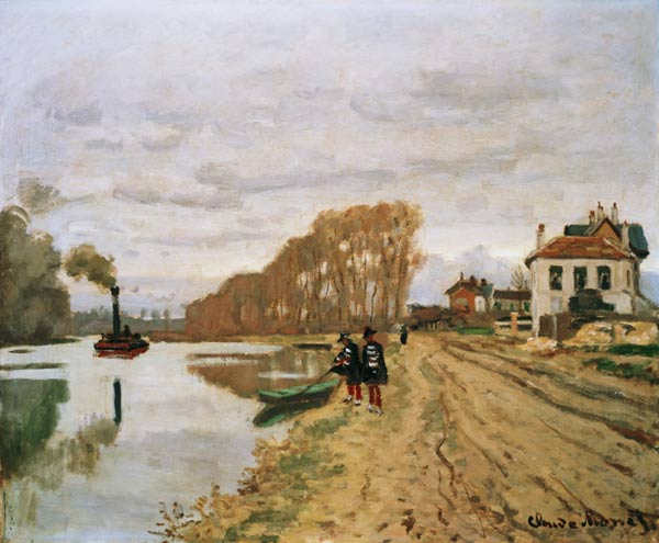Zwei Voltigeure beim Spaziergang an einem Fluss-Ufer von Claude Monet