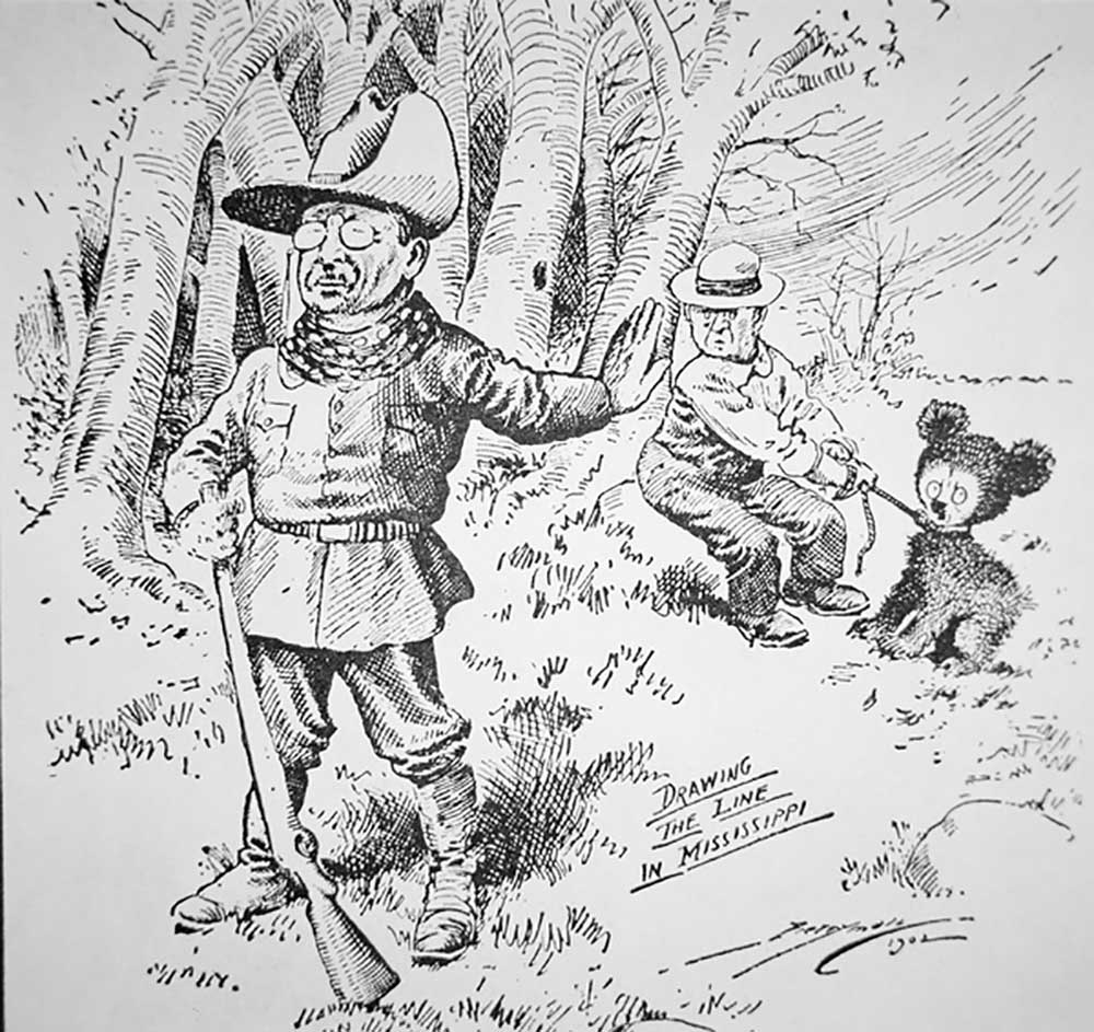 Karikatur von Theodore Teddy Roosevelt, der sich weigert, ein Bärenjunges zu schießen, 1902 von Clifford K. Berryman