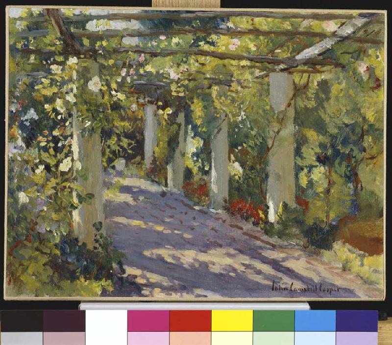 Sonniger Garten mit Pergola. von Colin Campbell Cooper