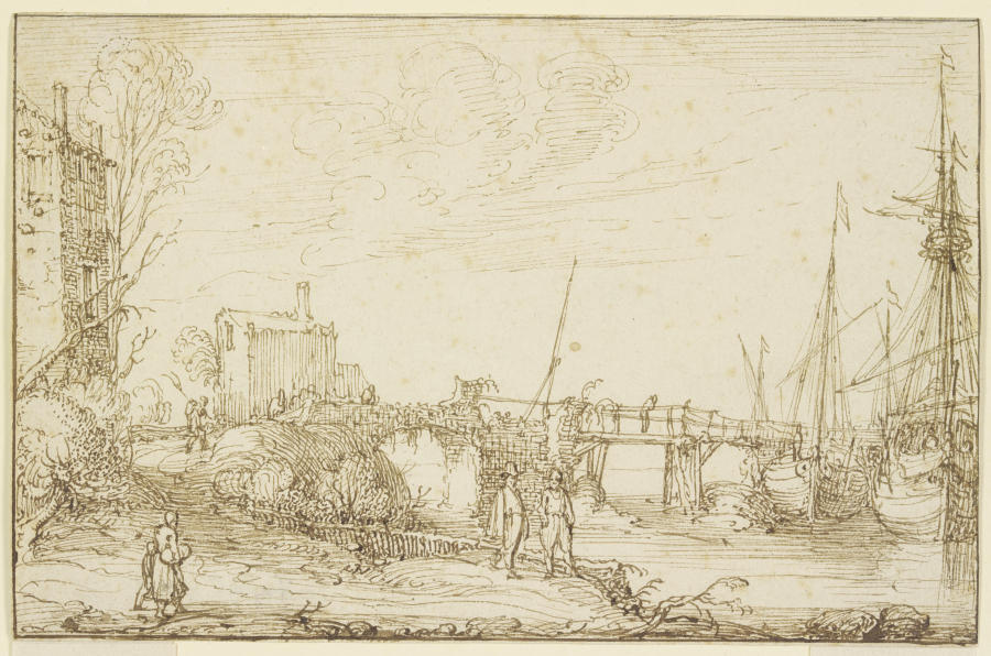 Zwei Schiffe liegen bei einer Brücke, links auf dem Wege mehrere Figuren von Cornelis Claesz. van Wieringen