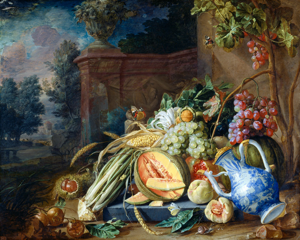 Stillleben mit Gemüse und Früchten vor einer Gartenbalustrade von Cornelis de Heem