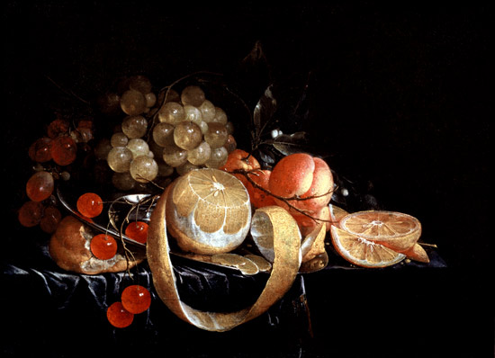 A Still Life with a lemon, grapes, cherries and apricots on a pewter plate von Cornelis de Heem