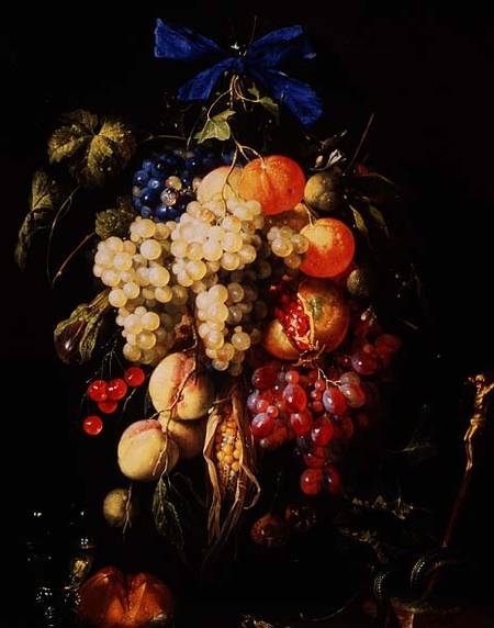 Bouquet of Fruit with Eucharistic Symbols on a Ledge Below von Cornelis de Heem