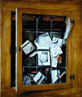 A trompe l'oeil of an open glazed cupboard door, with numerous papers and objects 1666