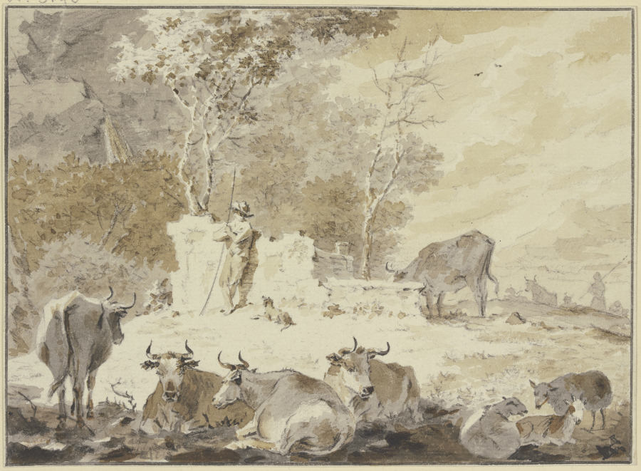 An altem Gemäuer steht links ein Hirte mit seinem Hund, umgeben von verschiedenem Vieh von Cornelis van Noorde