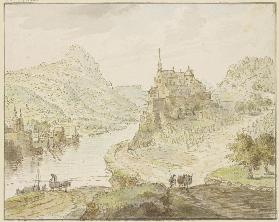 Fluß zwischen Bergen, rechts auf einem Felsen ein Kloster