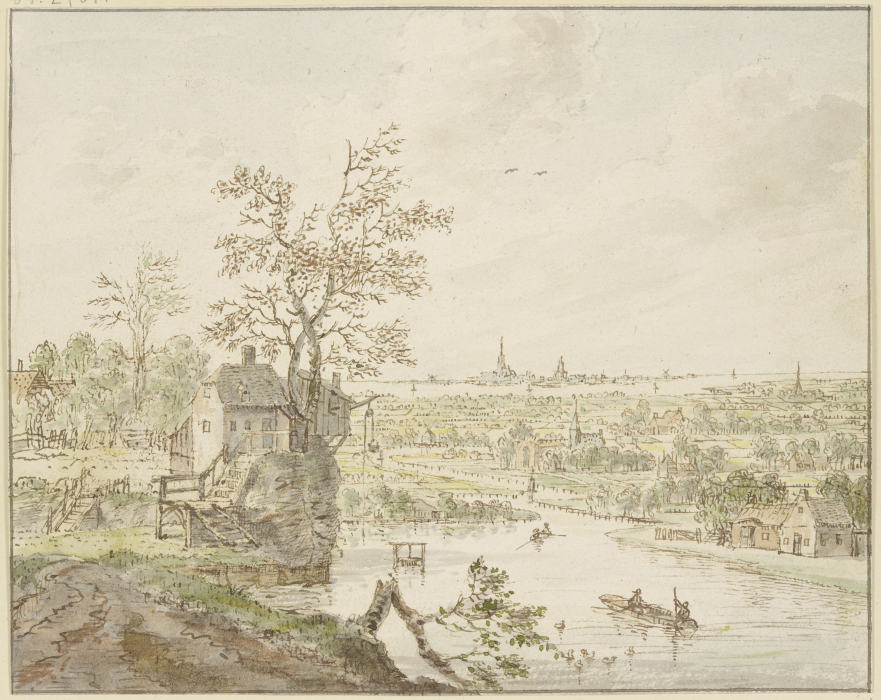 Flußgegend, in der Ferne das Meer mit einer Stadt von Cornelis Verdonck