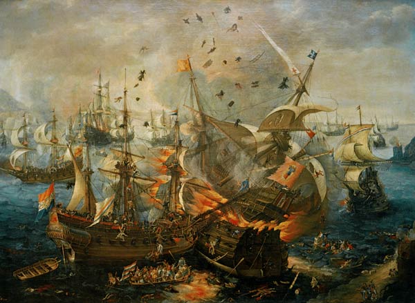 Die Explosion des Spanischen Admiralschiffes während der Seeschlacht von Gibraltar am 25. April 1607 von Cornelis Claez Wieringen van