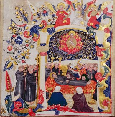 Inhabited initial 'A' depicting the Funeral of St. Francis, c.1410 (vellum) von Cristoforo Cortese