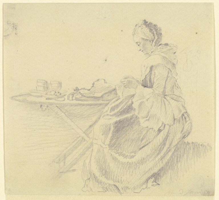 Junge Dame mit Handarbeit, im Profil nach links, neben einem Tisch sitzend von Daniel Chodowiecki
