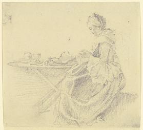 Junge Dame mit Handarbeit, im Profil nach links, neben einem Tisch sitzend