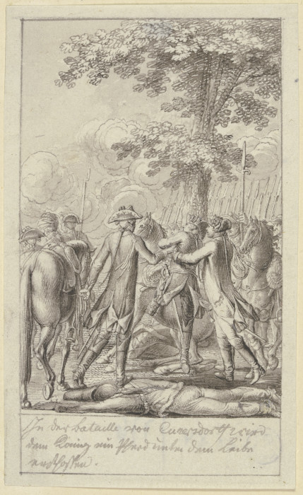 Zwei Soldaten helfen Friedrich dem Großen von einem zusammensinkenden Pferd von Daniel Chodowiecki