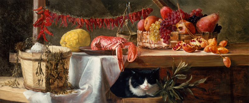Stillleben mit Peperoni, Früchten, einem Hummer und einer Katze von Daniel Hock