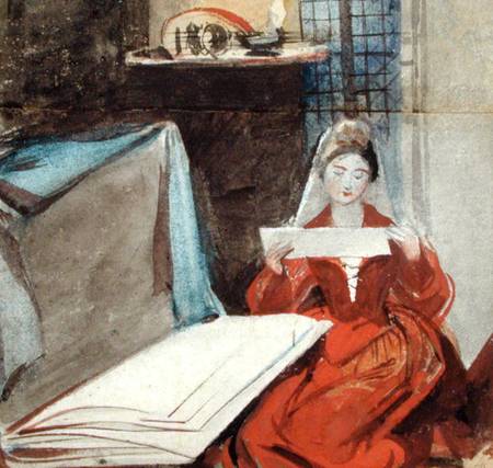 A Lady in a Medieval Costume studying the Contents of a Portfolio von Daniel Maclise