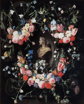 Garland of flowers surrounding a marble bust of Archduke Leopold Guglielmo c.1647