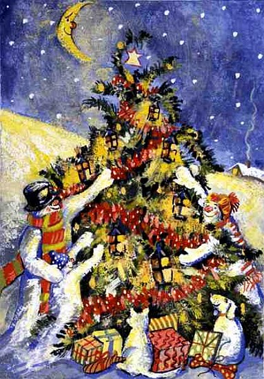 Snowmen Decorating the Christmas Tree, 1999 (gouache on paper)  von David  Cooke